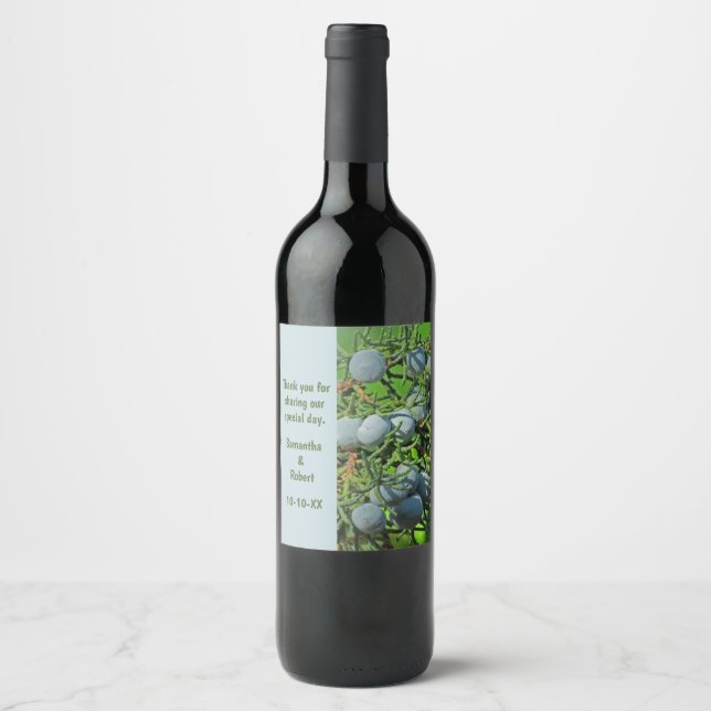 Rustic Wedding Pine Branch Berries Vielen Dank Weinetikett (Vorderseite)