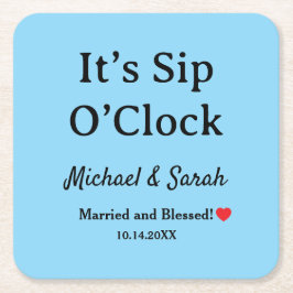 Rustic Wedding Romantic ‘Sip O'clock’ Custom Blue Rechteckiger Pappuntersetzer