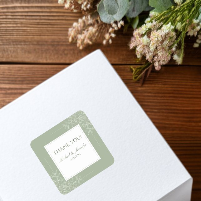 Rustic Wedding Sage Green and White Modern Quadratischer Aufkleber (Von Creator hochgeladen)