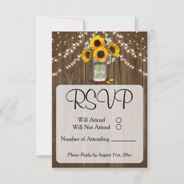 Rustic Wedding Sunflower Mason Jar RSVP Karte (Vorderseite)