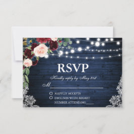 Rustic Wedding Wood Blue Burgundy Floral UAWG RSVP Karte