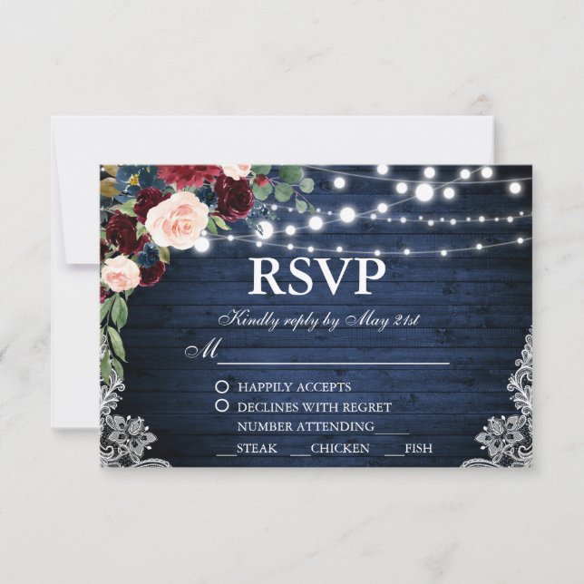 Rustic Wedding Wood Blue Burgundy UAWG Meal RSVP Karte (Vorderseite)