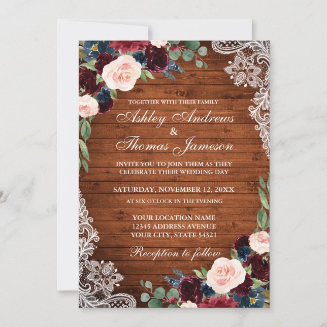 Rustic Wedding Wood Burgundy Blue Floral Einladung (Vorderseite)