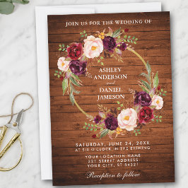 Rustic Wedding Wood Burgundy Blumenreath laden ein Einladung