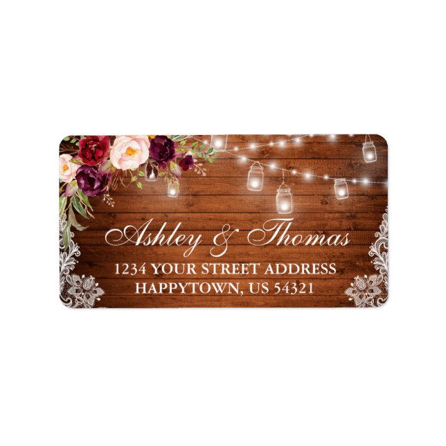 Rustic Wedding Wood Jar Lights Lace Floral Address Adressaufkleber (Vorne)