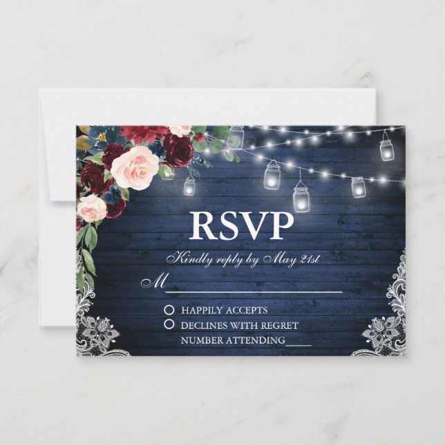 Rustic Wedding Wood Jars Blue Burgundy UAWG RSVP Karte (Vorderseite)