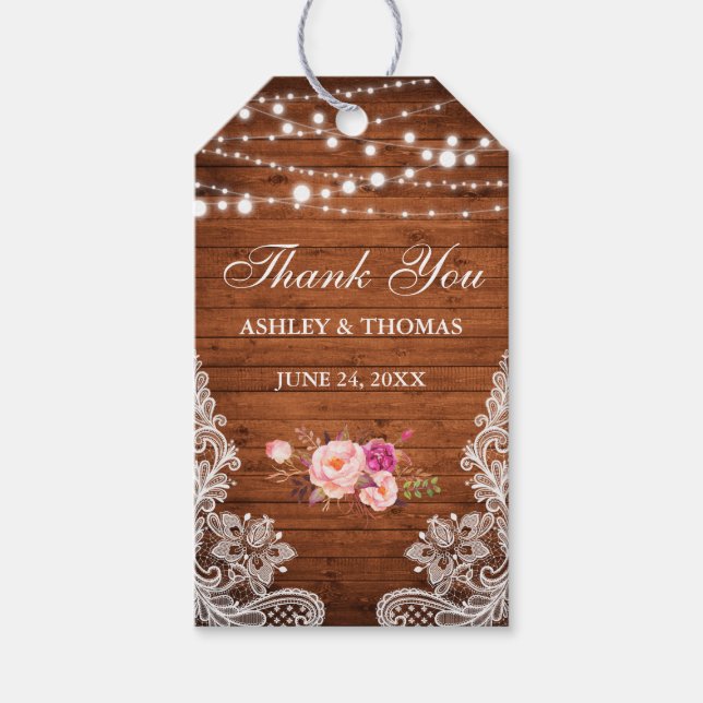 Rustic Wedding Wood Lace Pink Floral Vielen Dank Geschenkanhänger (Vorderseite)