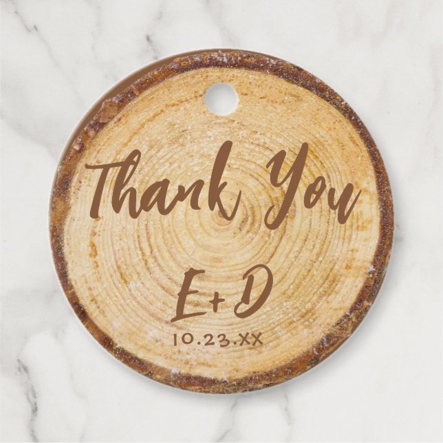 Rustic Wedding Wood Slice Danke braunes Script Geschenkanhänger (Vorderseite)