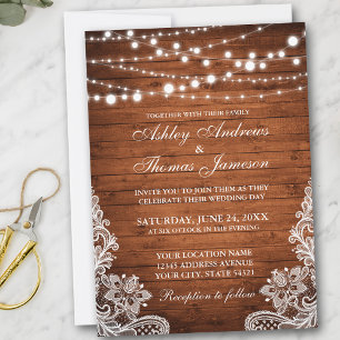 Rustic Wedding Wood String Lights Lace Invite Einladung