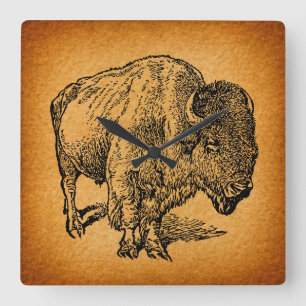 Rustic Western Wild Buffalo Bison Antique Art Quadratische Wanduhr