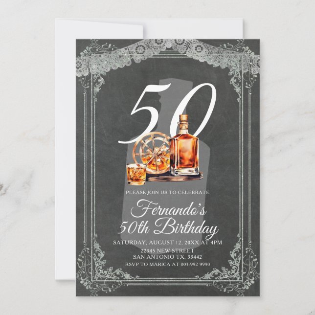 Rustic Whiskey Bottle 50th Adult Birthday Einladung (Vorderseite)