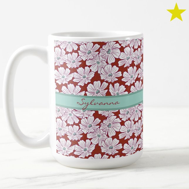 Rustic White Flowers Sketch Red Teal Custom Name Kaffeetasse (Von Creator hochgeladen)