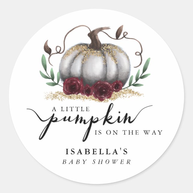 Rustic White Gold Pumpkin Baby Dusche Gefallen Runder Aufkleber (Vorderseite)