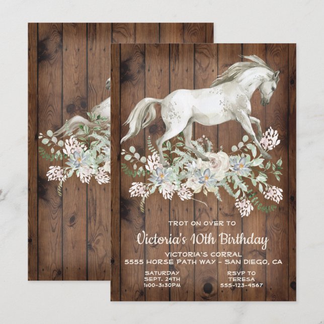 Rustic White Horse Invitation de fête d'anniversai (Devant / Derrière)