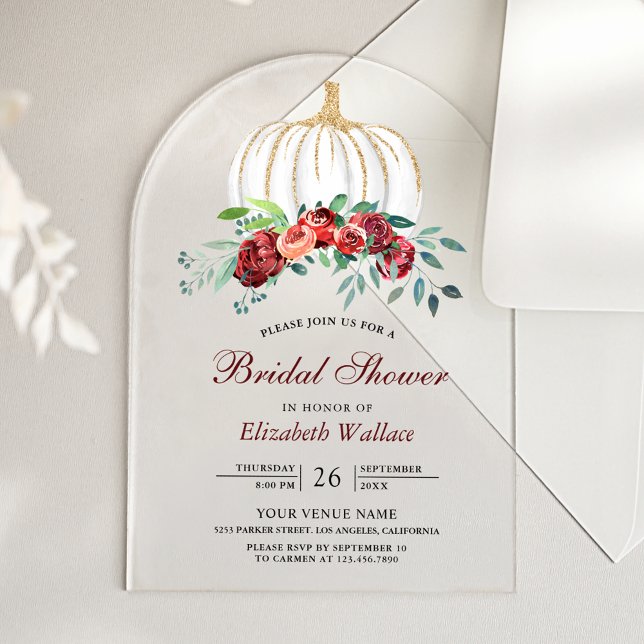 Rustic White Pumpkin Burgundy Floral Bridal Shower Acryleinladungen (Von Creator hochgeladen)