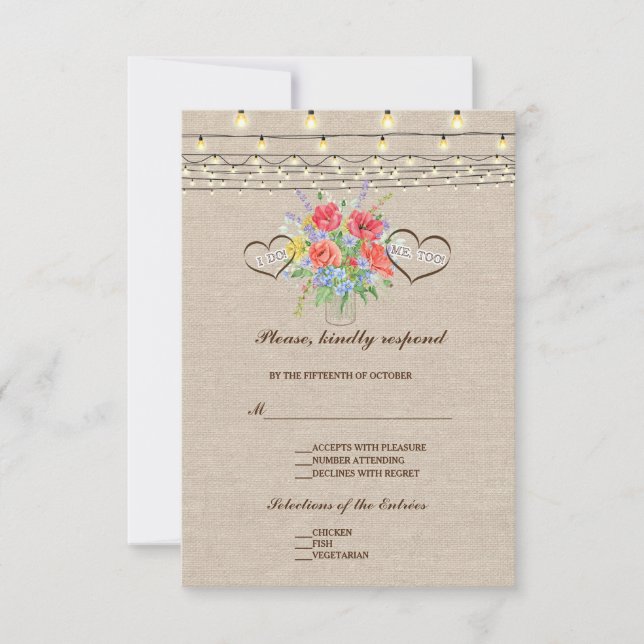Rustic Wild Blume Burlap Wedding RSVP Karte (Vorderseite)