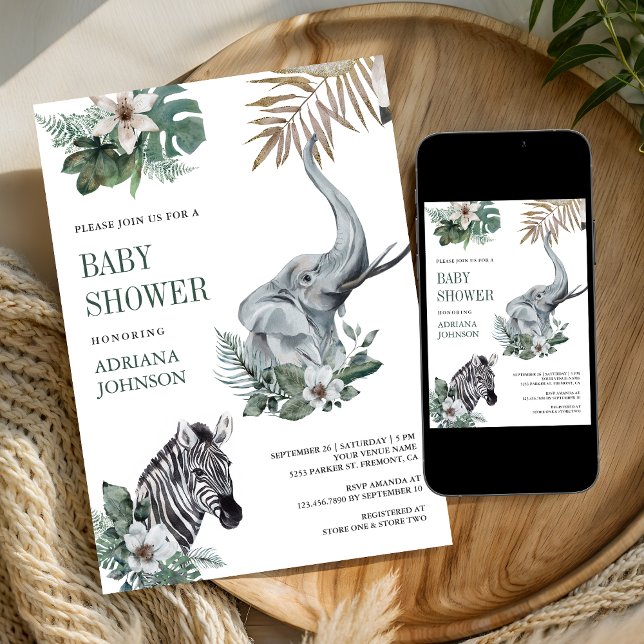 Rustic Wild Safari Zebra and Elephant Baby Shower Einladung (Von Creator hochgeladen)