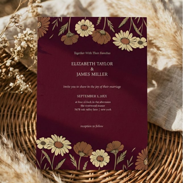 Rustic Wildflower Burgundy Floral Wedding Einladung (Von Creator hochgeladen)