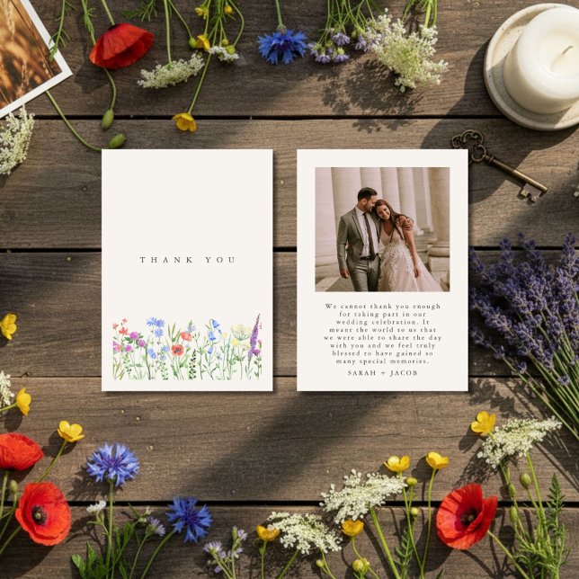 Rustic Wildflower Meadow Wedding Photo Dankeskarte (Rustic Wildflower Meadow Wedding Photo Thank You Card)