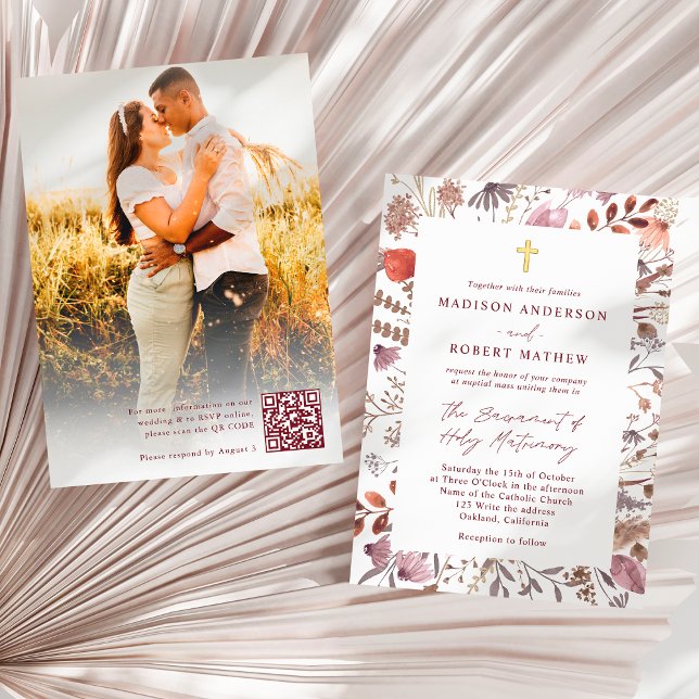 Rustic Wildflowers Photo QR Code Catholic Wedding Einladung (Von Creator hochgeladen)