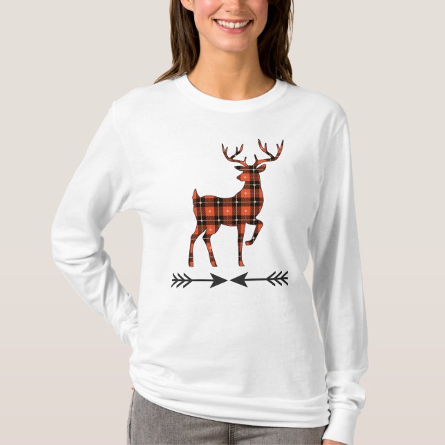Rustic Wildlife Red Black Gold Kariert Deh T-Shirt (Vorderseite)