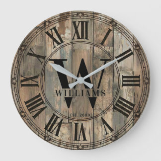 Rustic Williams Family Monogrammuhr | Holz-Optik Große Wanduhr