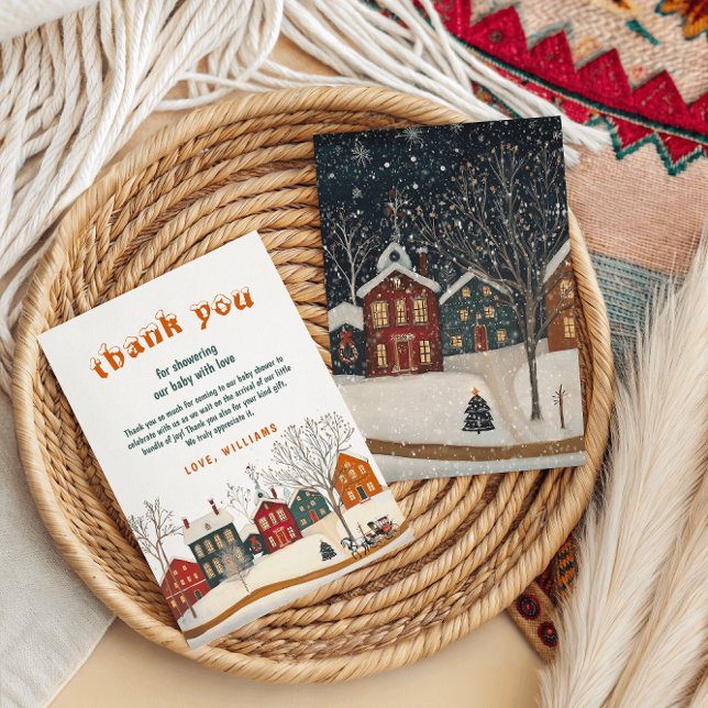 Rustic Winter Baby Shower Snow Village Dankeskarte (Von Creator hochgeladen)