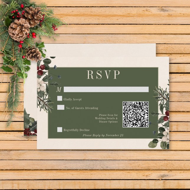 Rustic Winter Berries & Pine Cream QR-Code-Hochzei RSVP Karte (Rustic Winter Berries & Pine Cream Wedding Response Card with QR Code)