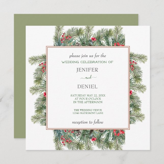 Rustic Winter Berry Pine Greenery Wedding Einladung (Vorne/Hinten)