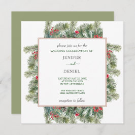 Rustic Winter Berry Pine Greenery Wedding Einladung