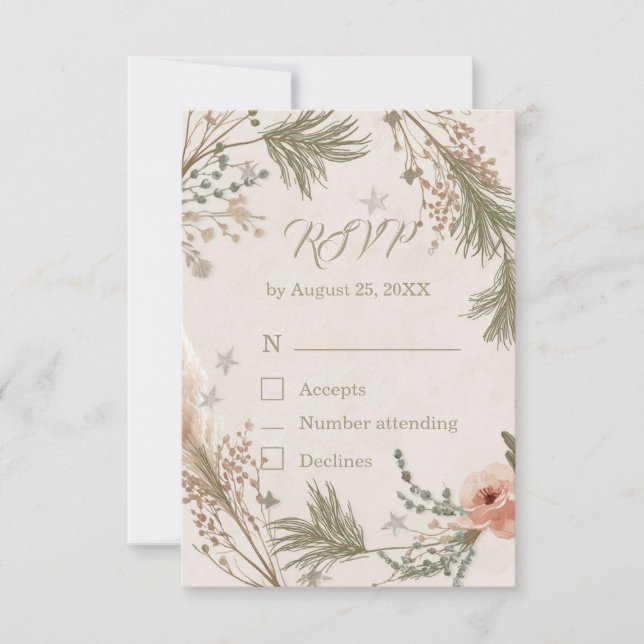 Rustic Winter Boho RSVP Card with Pine Branches Dankeskarte (Vorderseite)