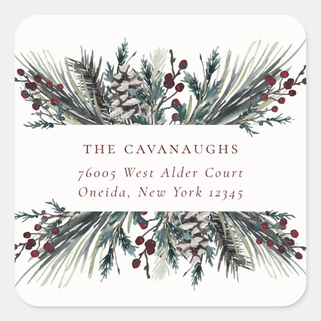 Rustic Winter Boughs Holiday Address Quadratischer Aufkleber (Vorderseite)