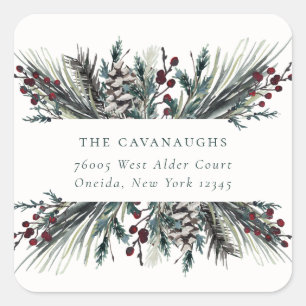 Rustic Winter Boughs Holiday Address Quadratischer Aufkleber
