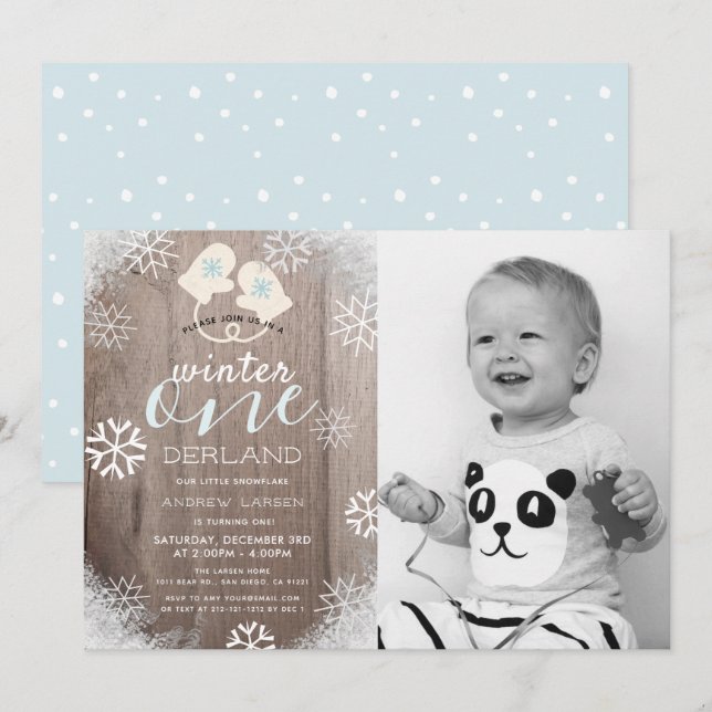 Rustic Winter Boy 1st Birthday Photo Invitation (Devant / Derrière)