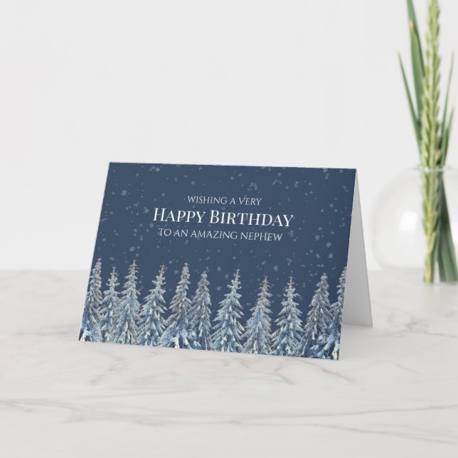 Rustic Winter Forest Happy Birthday Nephew Card Dankeskarte (Vorderseite)