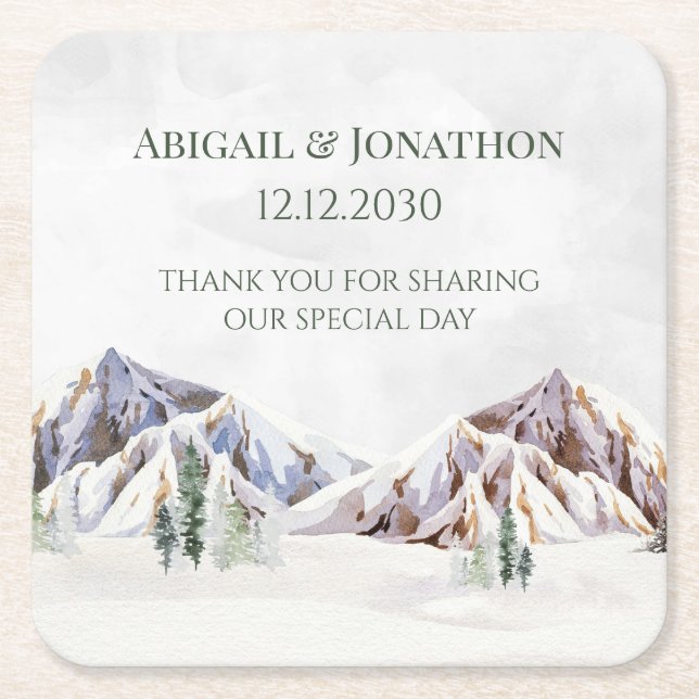 Rustic Winter Forest Mountain Wedding Rechteckiger Pappuntersetzer (Vorderseite)