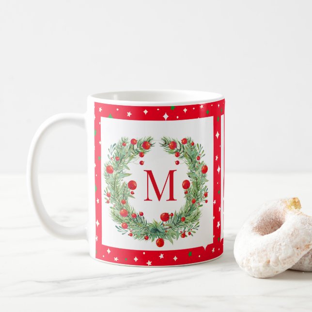 Rustic Winter Greenery Monogram Berry Wreath Kaffeetasse (Mit Donut)