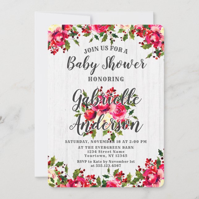 Rustic Winter Holly & Berry Baby shower Invitation (Devant)