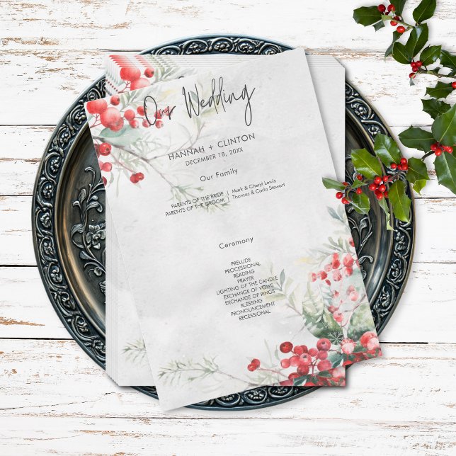 Rustic Winter Holly & Pine Wedding Programme (Rustic Winter Holly & Pine Wedding Program)