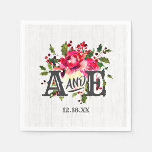 Rustic Winter Holly White Wood Wedding Monogram Serviette