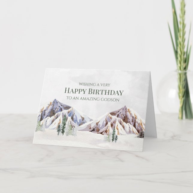 Rustic Winter Mountain Happy Birthday Godson Card Dankeskarte (Vorderseite)