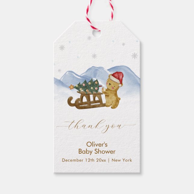 Rustic Winter Mountain Sleigh Bear Baby Shower  Geschenkanhänger (Vorderseite)