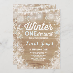Rustic Winter ONE derland Birthday Invitation Blue