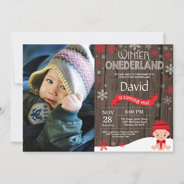 Rustic Winter Onederland 1. Geburtstag Einladung (Vorderseite)