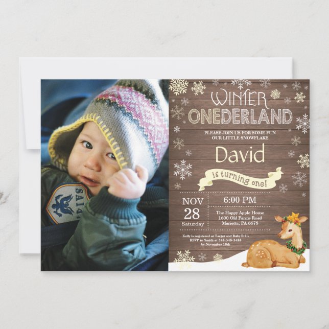 Rustic Winter Onederland Deer 1. Geburtstag Einladung (Vorderseite)