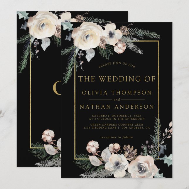 Rustic Winter Pine Floral Black Gold Frame Wedding Einladung (Vorne/Hinten)
