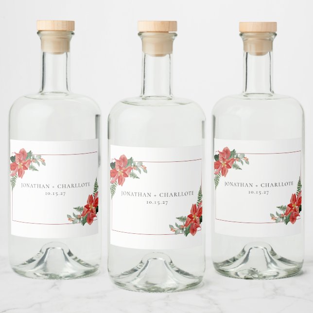 Rustic Winter Poinsettia Red Christmas Wedding Alkoholflaschenetikett (Flaschen)