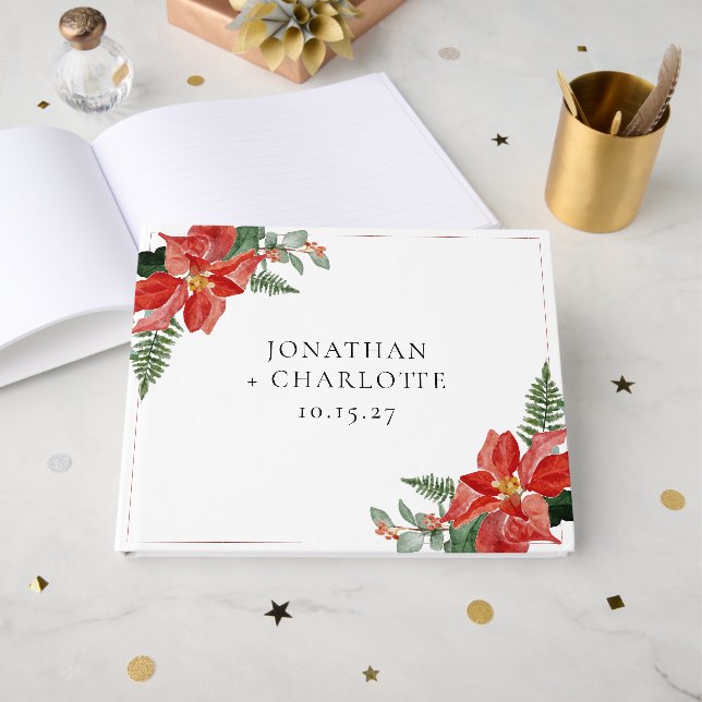 Rustic Winter Poinsettia Red Christmas Wedding Gästebuch (Vorderseite Offen)