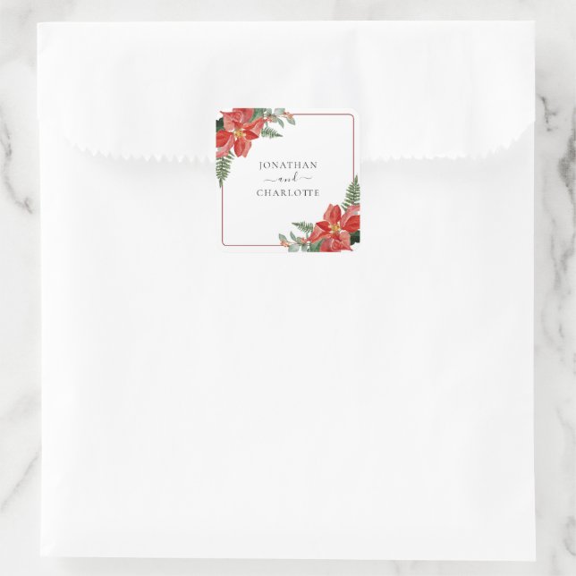 Rustic Winter Poinsettia Red Christmas Wedding Quadratischer Aufkleber (Tasche)