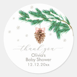 Rustic Winter Snowflake Pine cone Baby Shower Runder Aufkleber